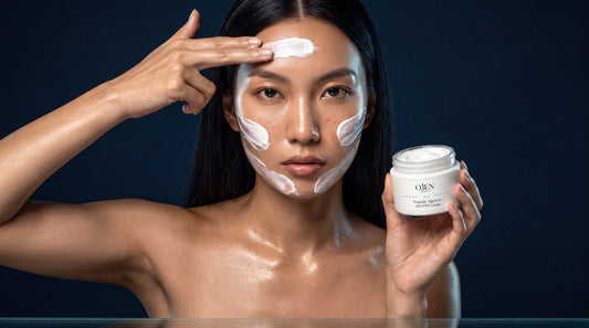 Ojen N°56 Peptide Ageless AM/PM Cream, open jar with a fresh stripe of cream