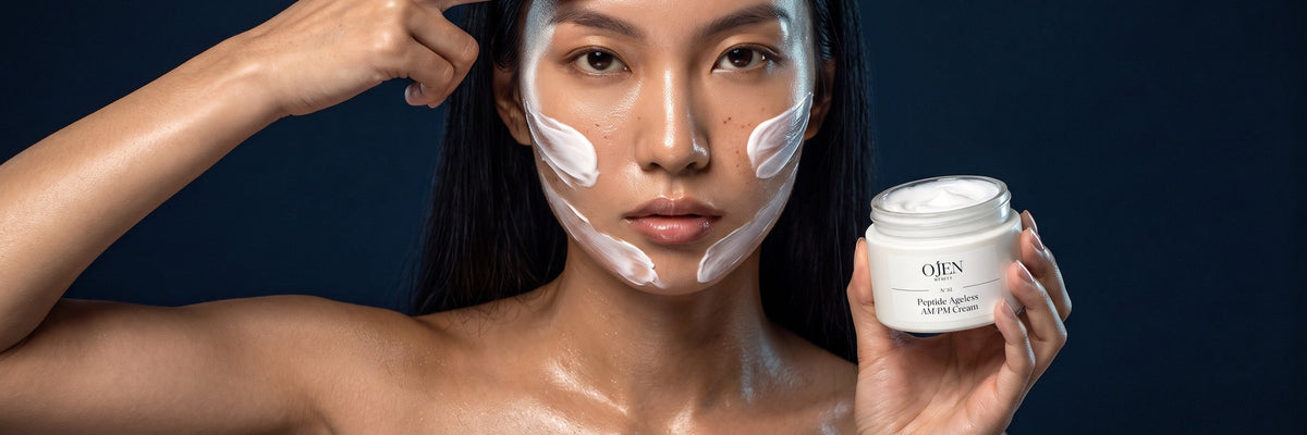 Ojen N°56 Peptide Ageless AM/PM Cream smoothed over the cheek