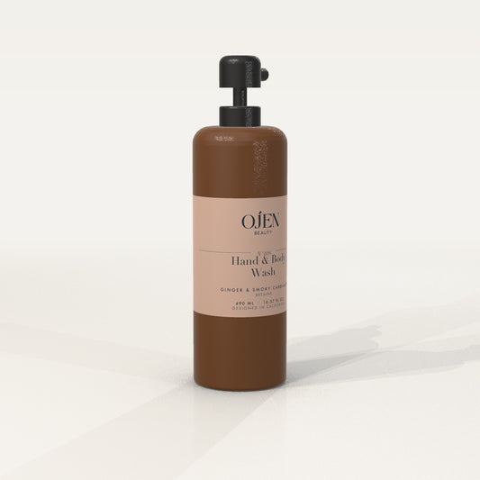 Ojen® N°109 Hand & Body Wash, Ginger & Smoky Cardamom (Amber Bottle) — angled view