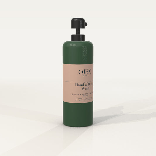 Ojen® N°110 Hand & Body Wash, Ginger & Smoky Cardamom (Green Bottle) — angled view