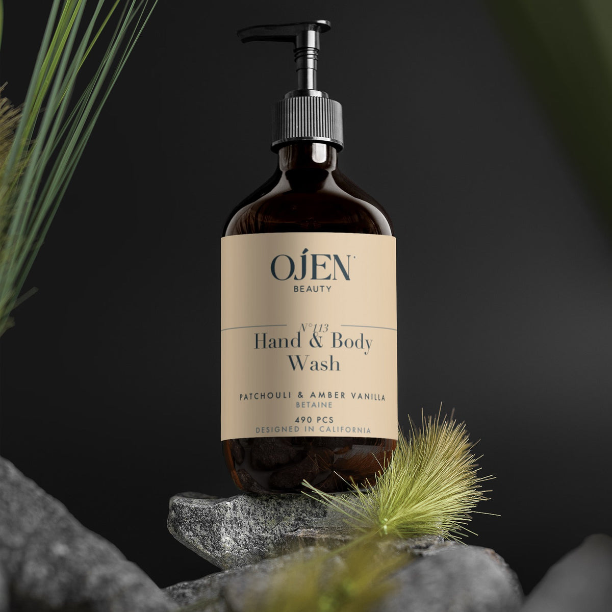 Ojen® N°113 Hand & Body Wash, Patchouli & Amber Vanilla (Amber Bottle) — in situ