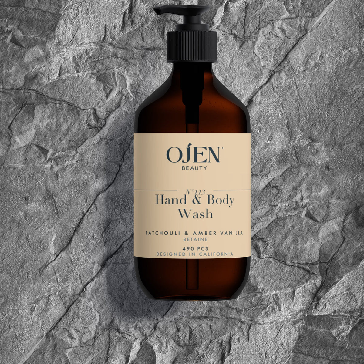 Ojen® N°113 Hand & Body Wash, Patchouli & Amber Vanilla (Amber Bottle) — lifestyle