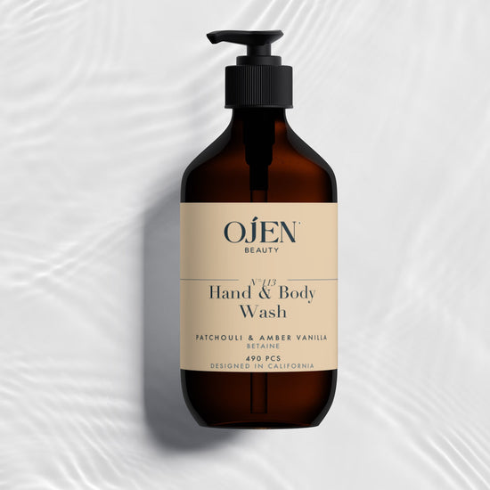 Ojen® N°113 Hand & Body Wash, Patchouli & Amber Vanilla (Amber Bottle) — studio