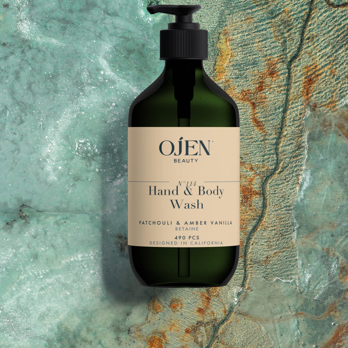 Ojen® N°114 Hand & Body Wash, Patchouli & Amber Vanilla (Green Bottle) — lifestyle