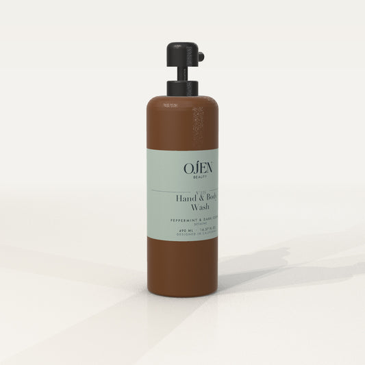Ojen® N°115 Hand & Body Wash, Peppermint & Dark Cedar (Amber Bottle) — angled view
