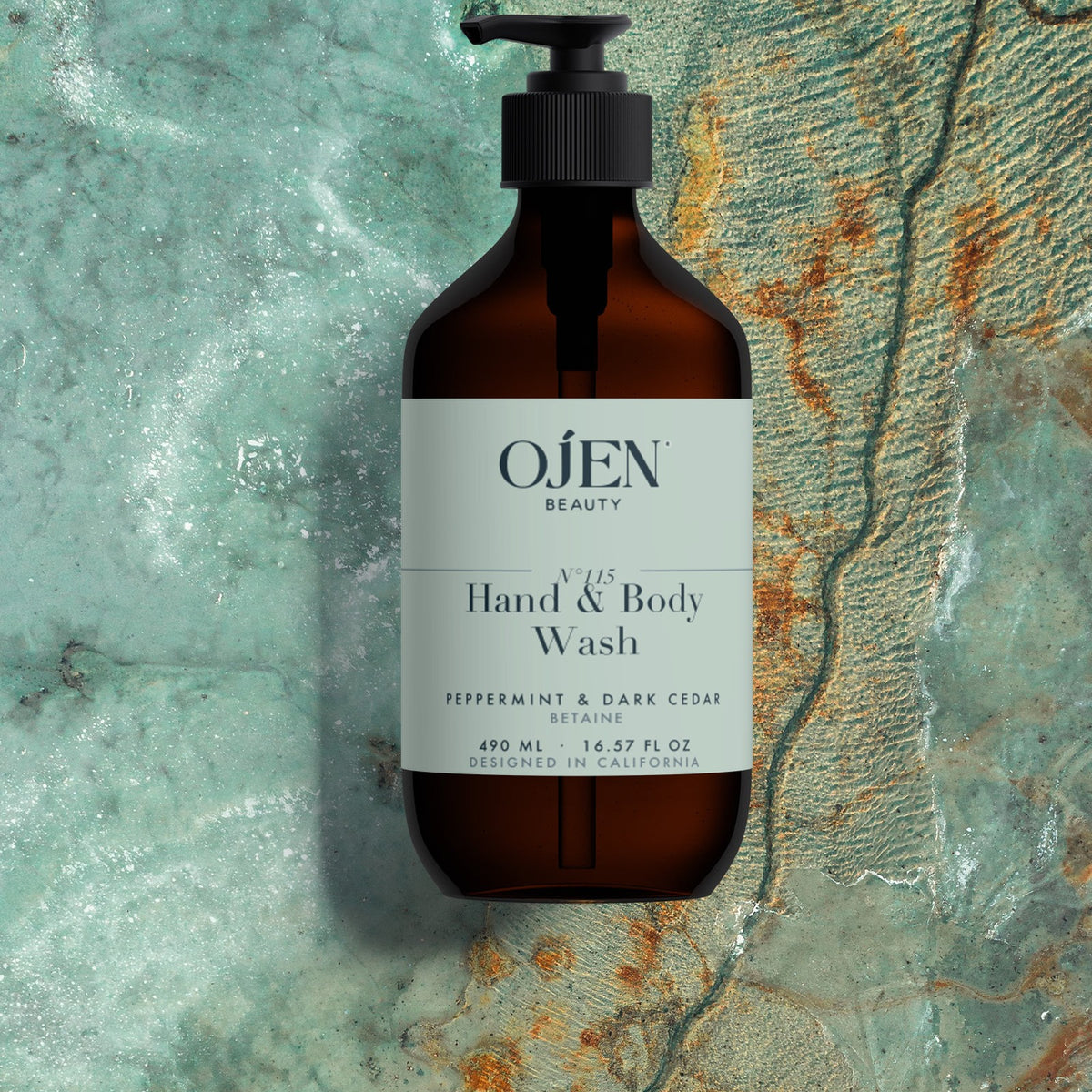 Ojen® N°115 Hand & Body Wash, Peppermint & Dark Cedar (Amber Bottle) — lifestyle