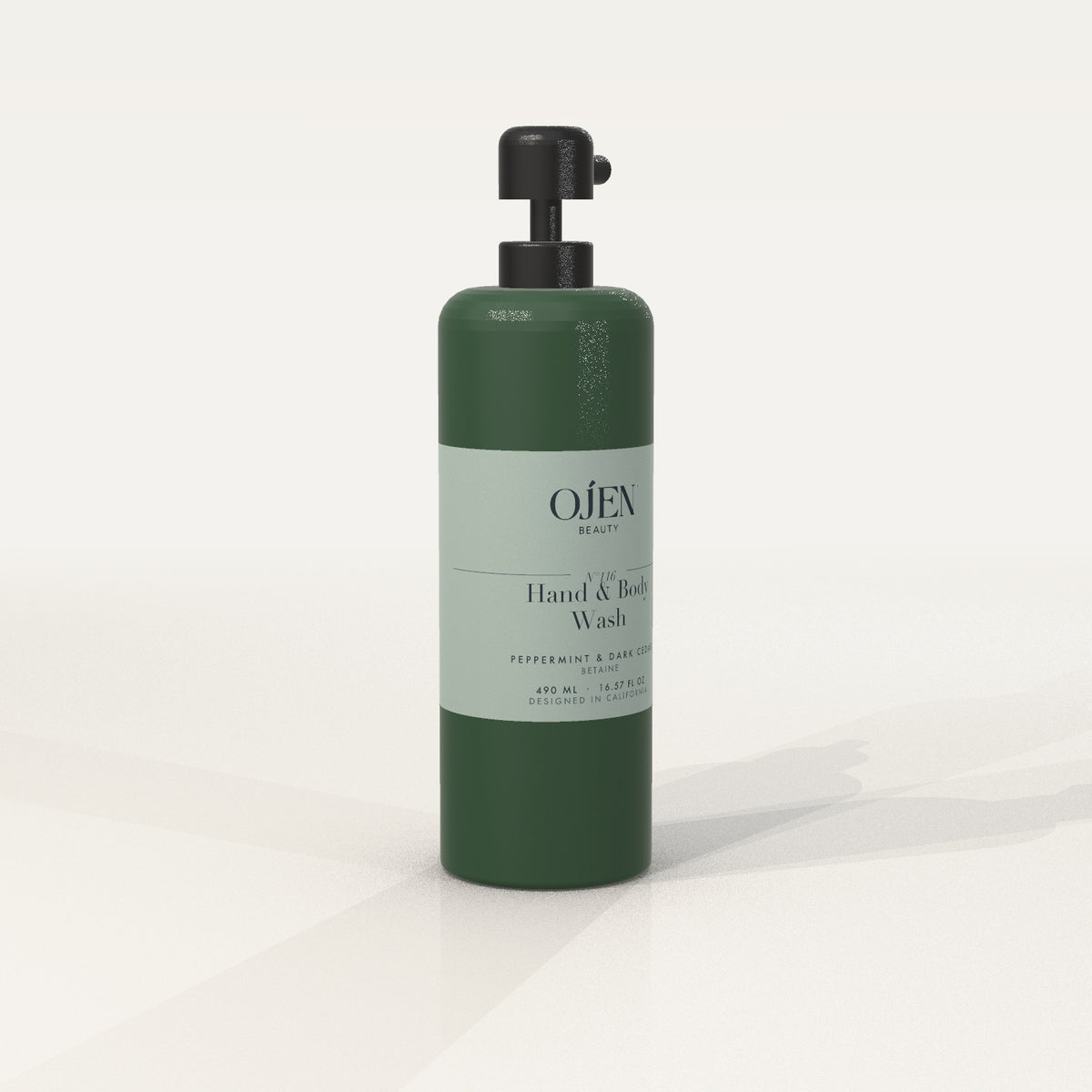 Ojen® N°116 Hand & Body Wash, Peppermint & Dark Cedar (Green Bottle) — angled view