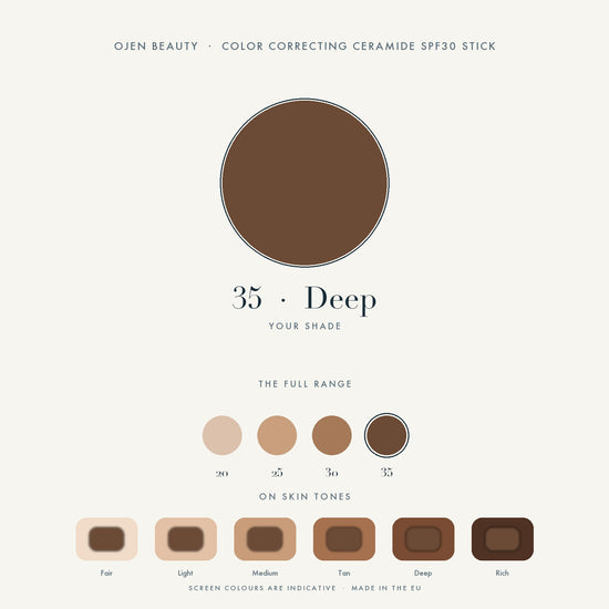 Ojen® N°77 Color Correcting Ceramide SPF30 Stick – 35 Deep — shade chart