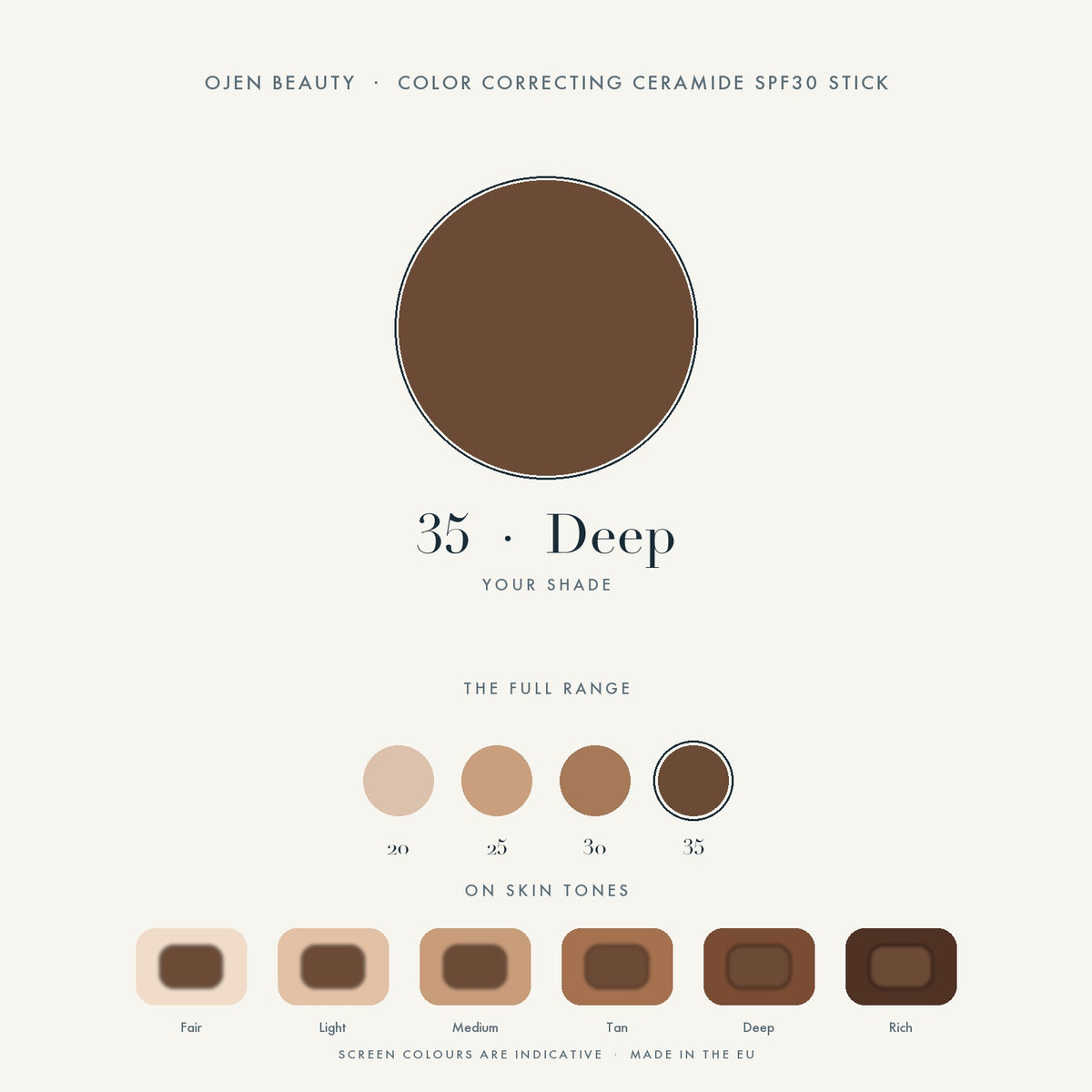 Ojen® N°77 Color Correcting Ceramide SPF30 Stick – 35 Deep — shade chart
