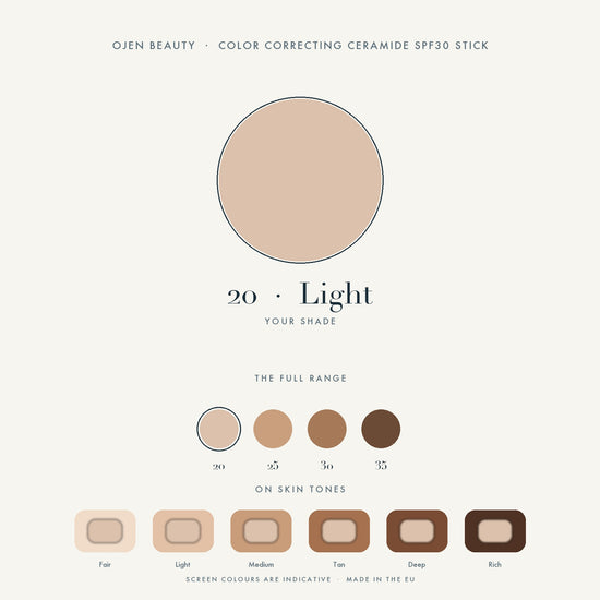 Ojen® N°78 Color Correcting Ceramide SPF30 Stick – 20 Light — shade chart