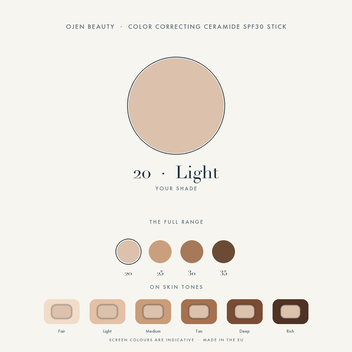 Ojen® N°78 Color Correcting Ceramide SPF30 Stick – 20 Light — shade chart
