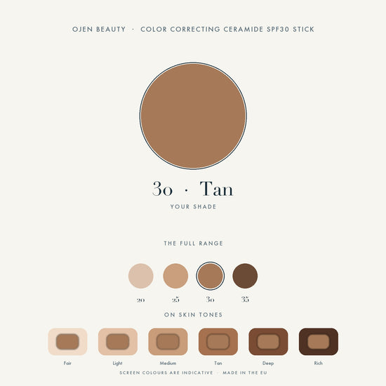 Ojen® N°80 Color Correcting Ceramide SPF30 Stick – 30 Tan — shade chart