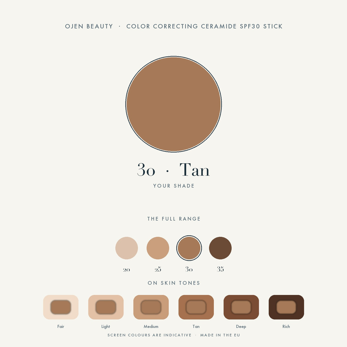 Ojen® N°80 Color Correcting Ceramide SPF30 Stick – 30 Tan — shade chart