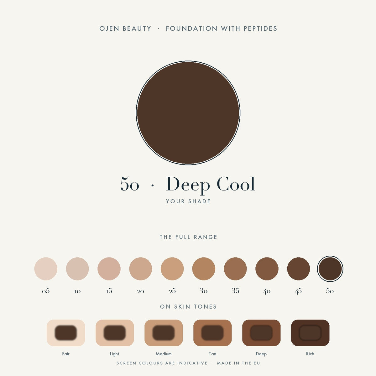 Ojen® N°97 Foundation with Peptides, 50 Deep Cool — shade chart